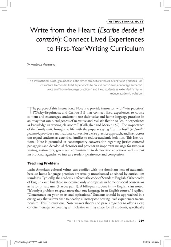 Write from the Heart (Escribe desde el corazón): Connect Lived Experiences to First-Year Writing Curriculum